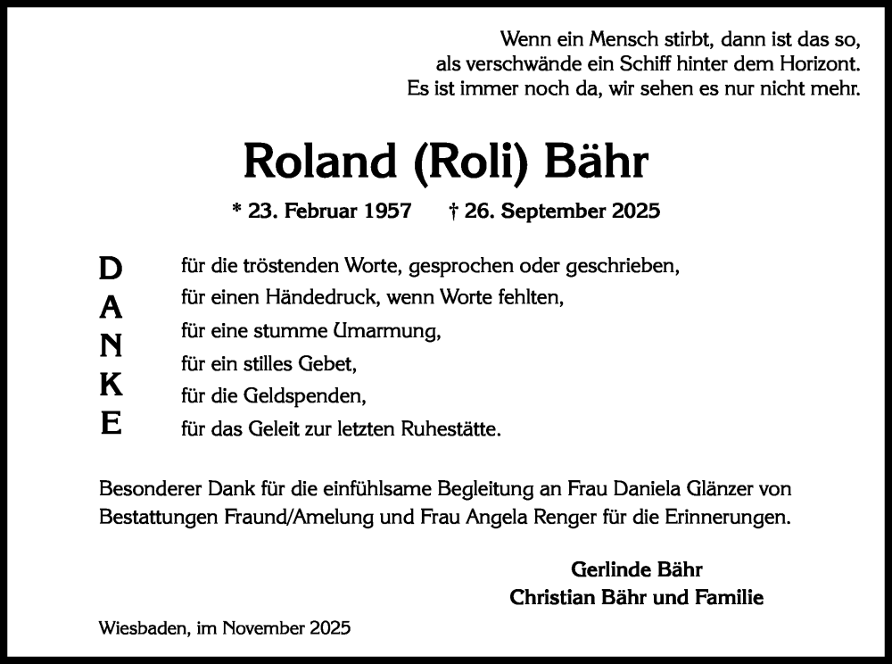  Traueranzeige für Roland Bähr vom 01.11.2025 aus Wiesbadener Kurier