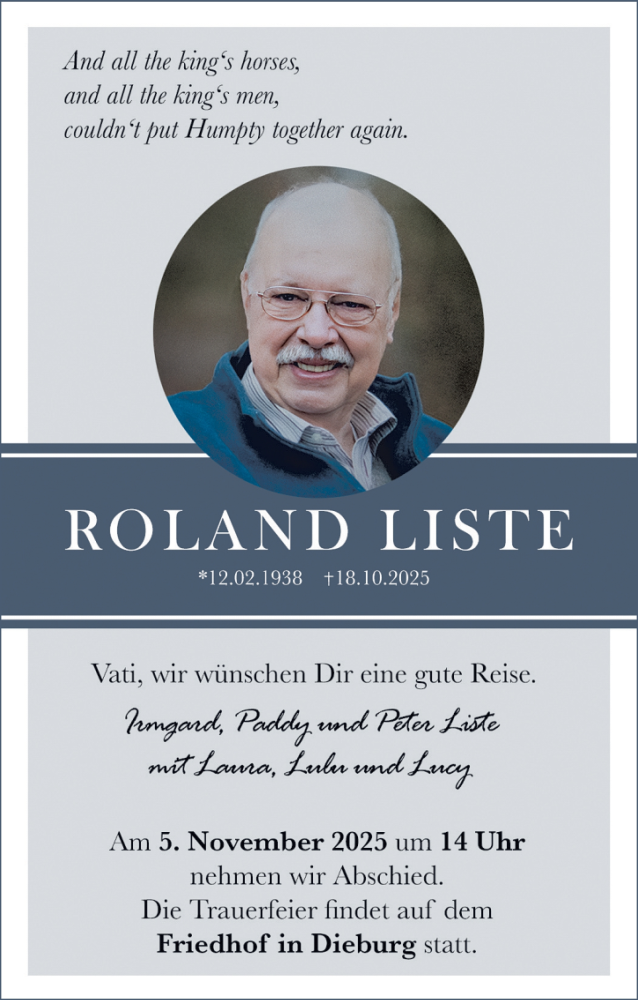  Traueranzeige für Roland Liste vom 01.11.2025 aus Dieburger Anzeiger/Groß-Zimmerner Lokal-Anzeiger