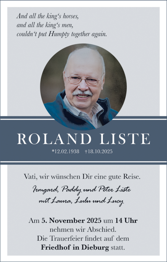 Traueranzeige von Roland Liste von Dieburger Anzeiger/Groß-Zimmerner Lokal-Anzeiger