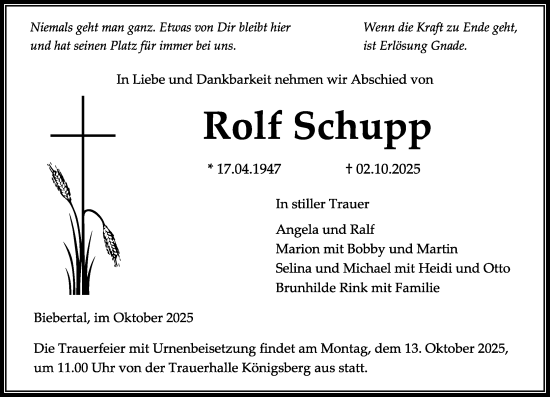 Traueranzeige von Rolf Schupp von Wetzlarer Neue Zeitung