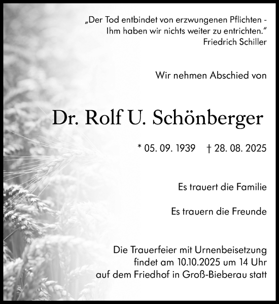 Traueranzeige von Rolf U. Schönberger von Dieburger Anzeiger/Groß-Zimmerner Lokal-Anzeiger