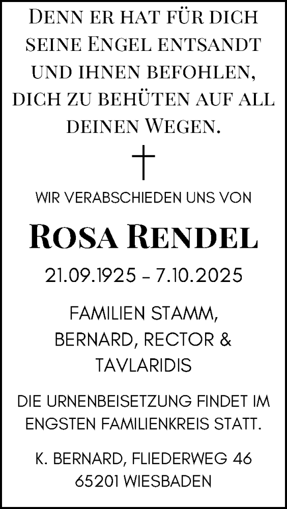  Traueranzeige für Rosa Rendel vom 18.10.2025 aus Allgemeine Zeitung Mainz