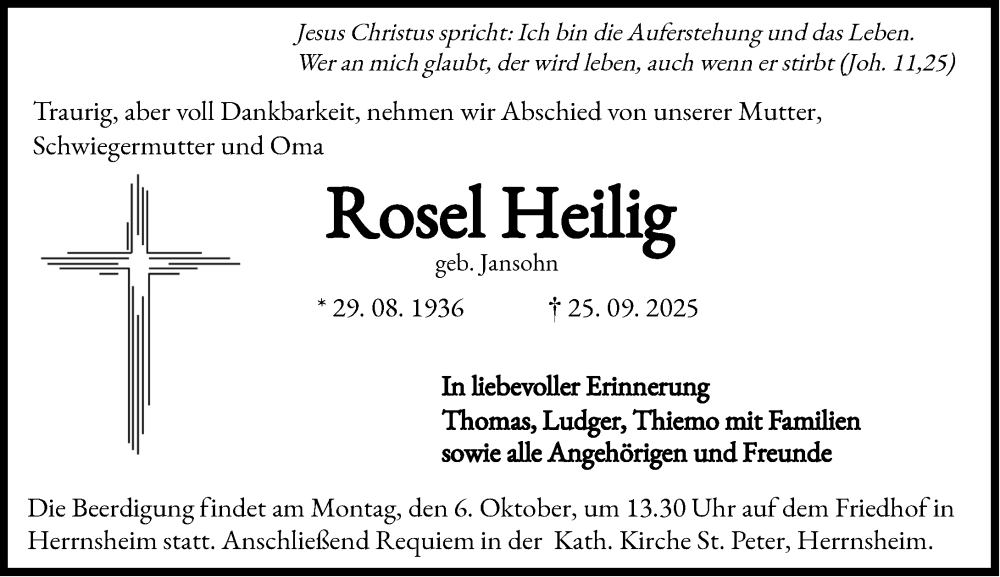  Traueranzeige für Rosel Heilig vom 01.10.2025 aus Wormser Zeitung