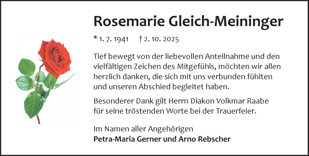  Traueranzeige für Rosemarie Gleich-Meininger vom 18.10.2025 aus Odenwälder Echo