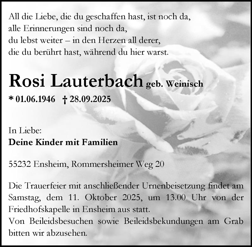  Traueranzeige für Rosi Lauterbach vom 04.10.2025 aus Allgemeine Zeitung Alzey