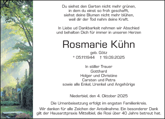 Traueranzeige von Rosmarie Kühn von Wetzlarer Neue Zeitung