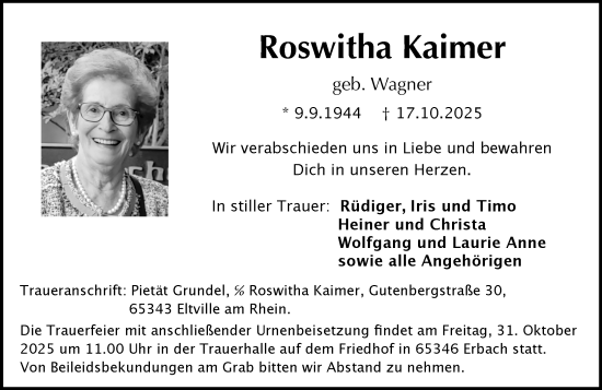 Traueranzeige von Roswitha Kaimer von Rheingau Kurier