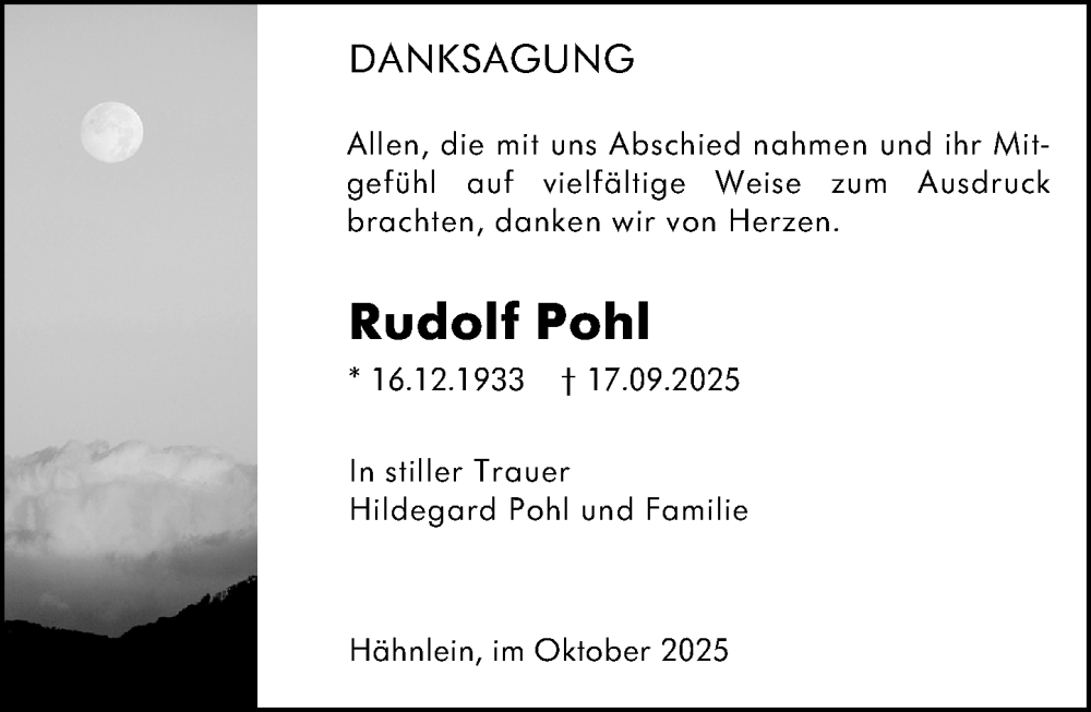  Traueranzeige für Rudolf Pohl vom 18.10.2025 aus Darmstädter Echo