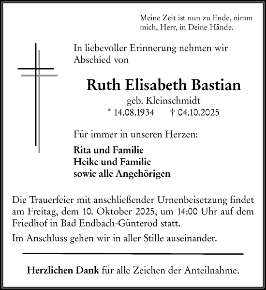 Traueranzeige von Ruth Elisabeth Bastian von Hinterländer Anzeiger