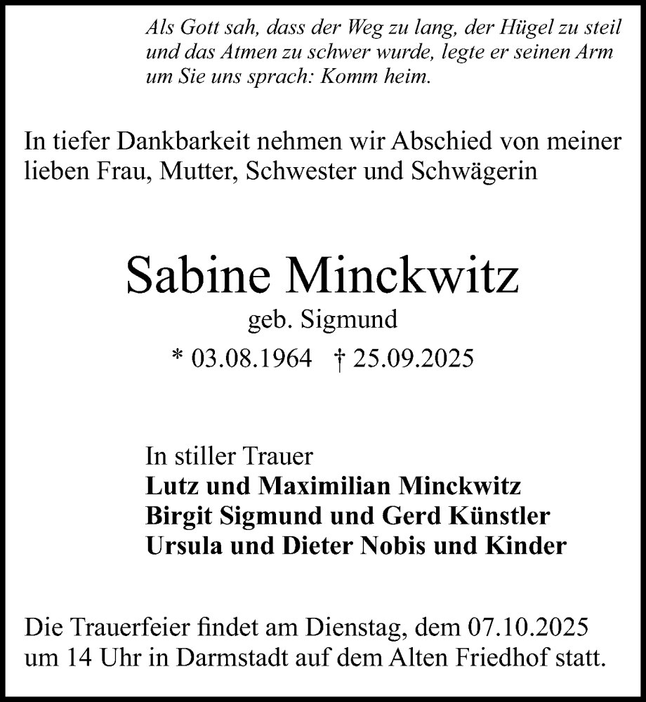  Traueranzeige für Sabine Minckwitz vom 04.10.2025 aus Darmstädter Echo