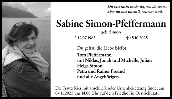 Traueranzeige von Sabine Simon-Pfeffermann von Wiesbadener Kurier