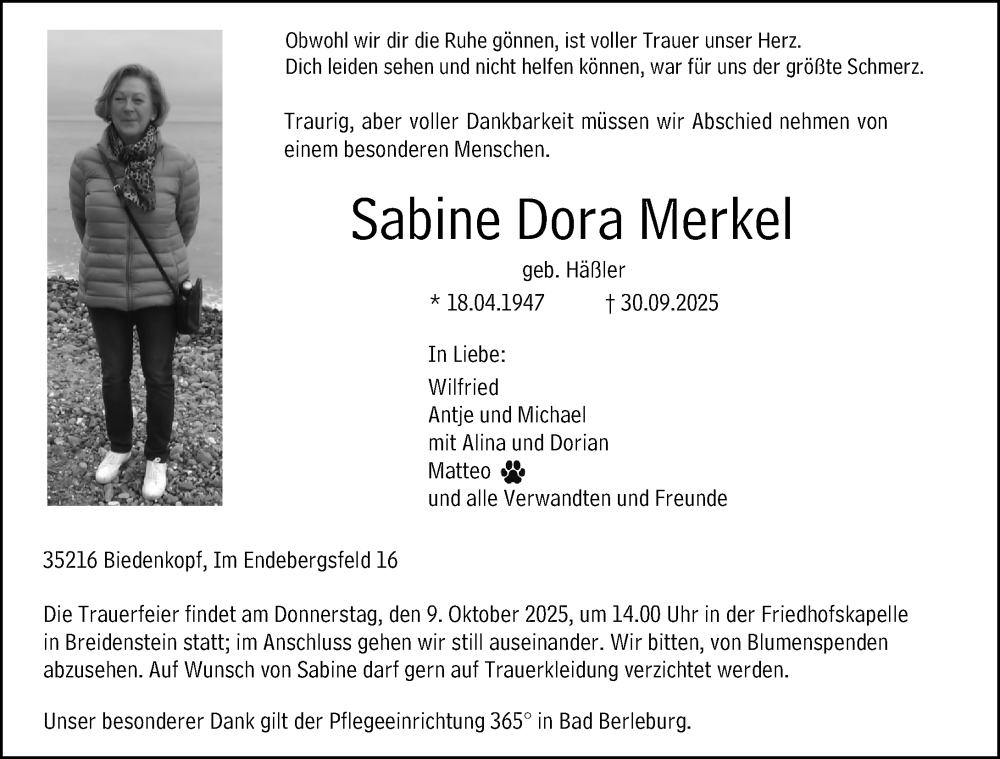  Traueranzeige für Sabine Dora Merkel vom 06.10.2025 aus Hinterländer Anzeiger