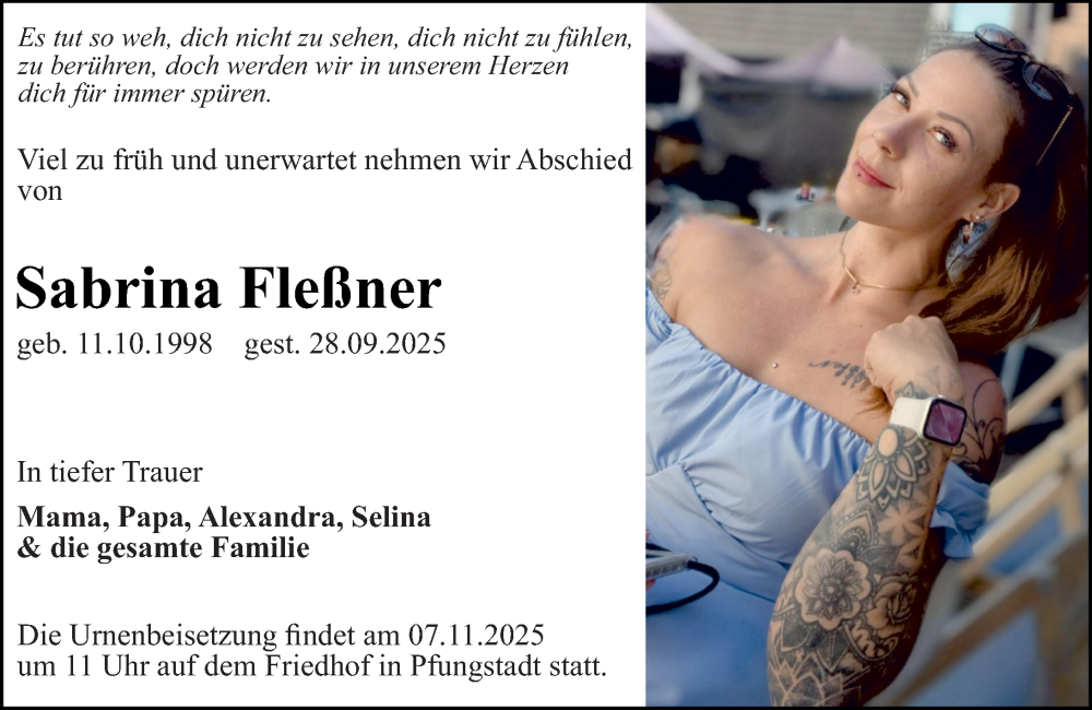 Traueranzeige für Sabrina Fleßner vom 01.11.2025 aus Darmstädter Echo