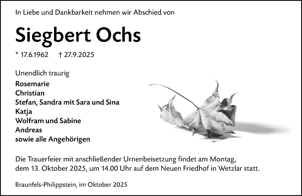 Traueranzeige für Siegbert Ochs vom 09.10.2025 aus Wetzlarer Neue Zeitung