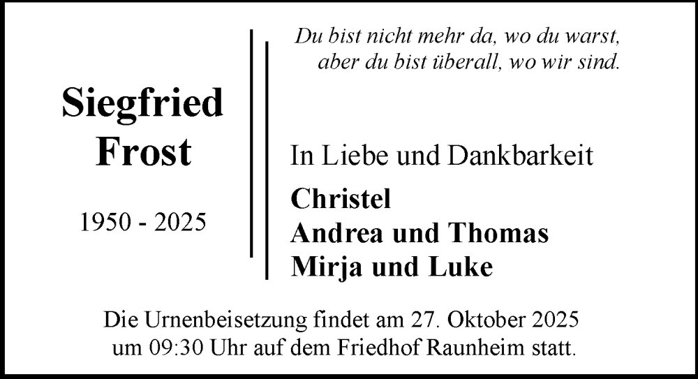  Traueranzeige für Siegfried Frost vom 18.10.2025 aus Rüsselsheimer Echo