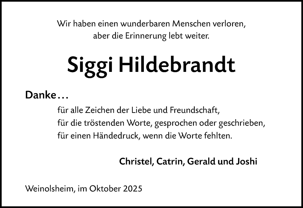  Traueranzeige für Siggi Hildebrandt vom 31.10.2025 aus Allgemeine Zeitung Mainz