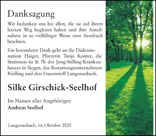 Traueranzeige von Silke Girschick-Seelhof von Dill Block