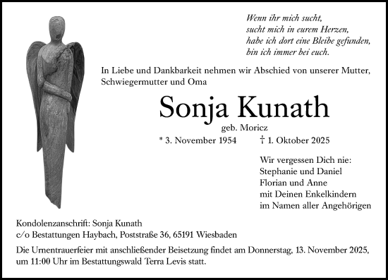 Traueranzeige von Sonja Kunath von Wiesbadener Kurier