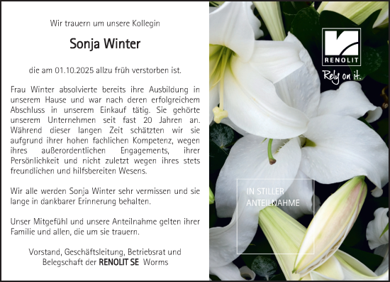Traueranzeige von Sonja Winter von Wormser Zeitung