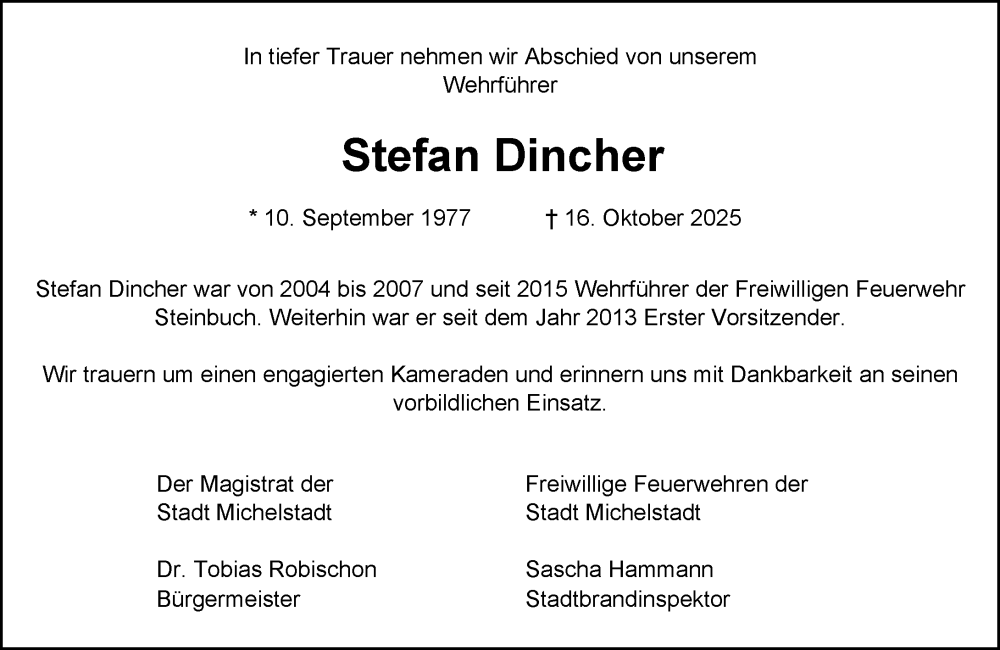  Traueranzeige für Stefan Dincher vom 25.10.2025 aus Odenwälder Echo