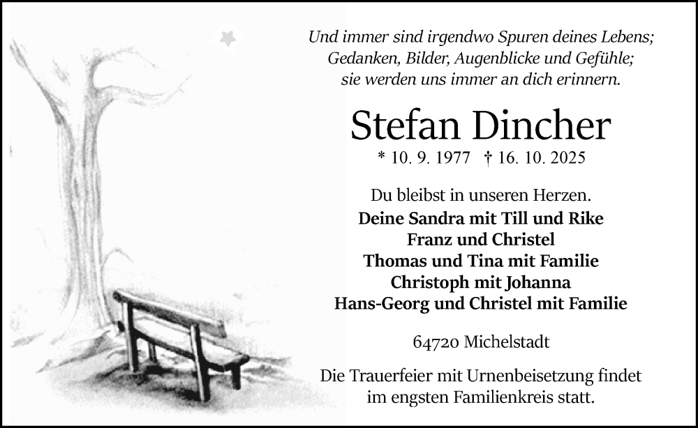  Traueranzeige für Stefan Dincher vom 18.10.2025 aus Odenwälder Echo