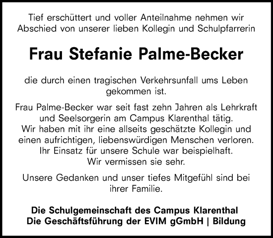 Traueranzeige von Stefanie Palme-Becker von Wiesbadener Kurier