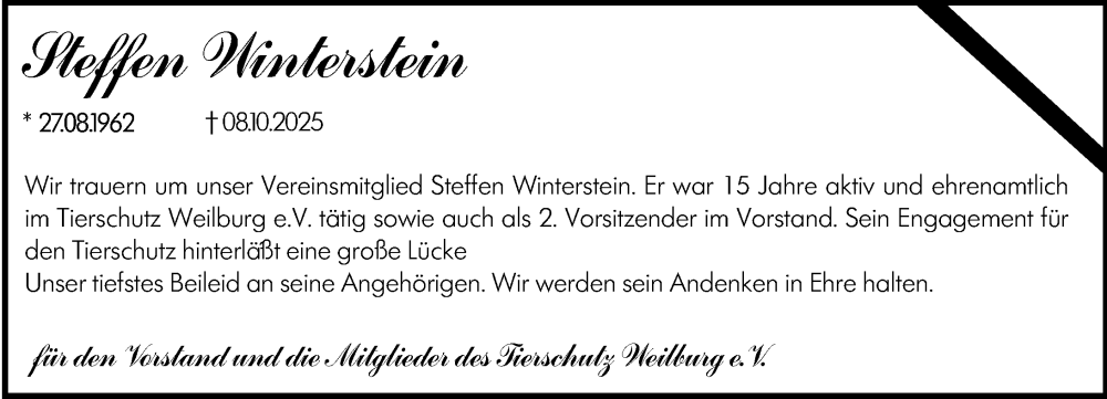  Traueranzeige für Steffen Winterstein vom 31.10.2025 aus Weilburger Tageblatt