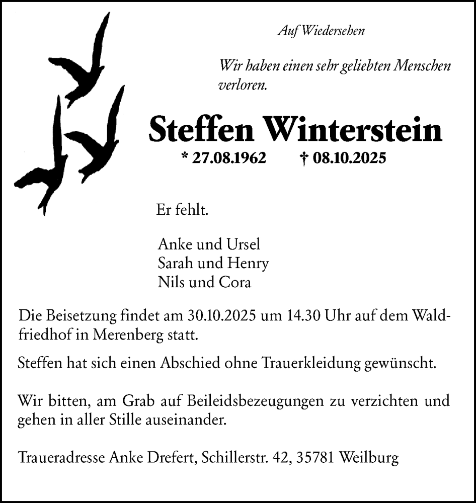  Traueranzeige für Steffen Winterstein vom 25.10.2025 aus Weilburger Tageblatt