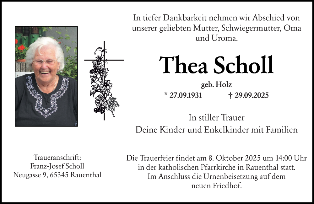  Traueranzeige für Thea Scholl vom 04.10.2025 aus Rheingau Kurier