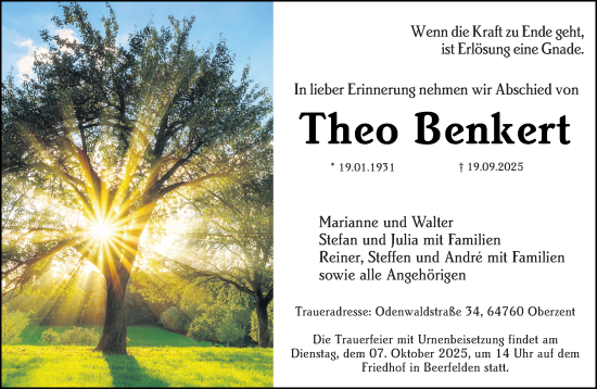 Traueranzeige von Theo Benkert von Odenwälder Echo