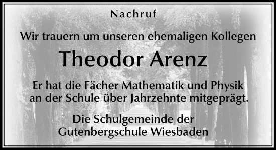 Traueranzeige von Theodor Arenz von Wiesbadener Kurier