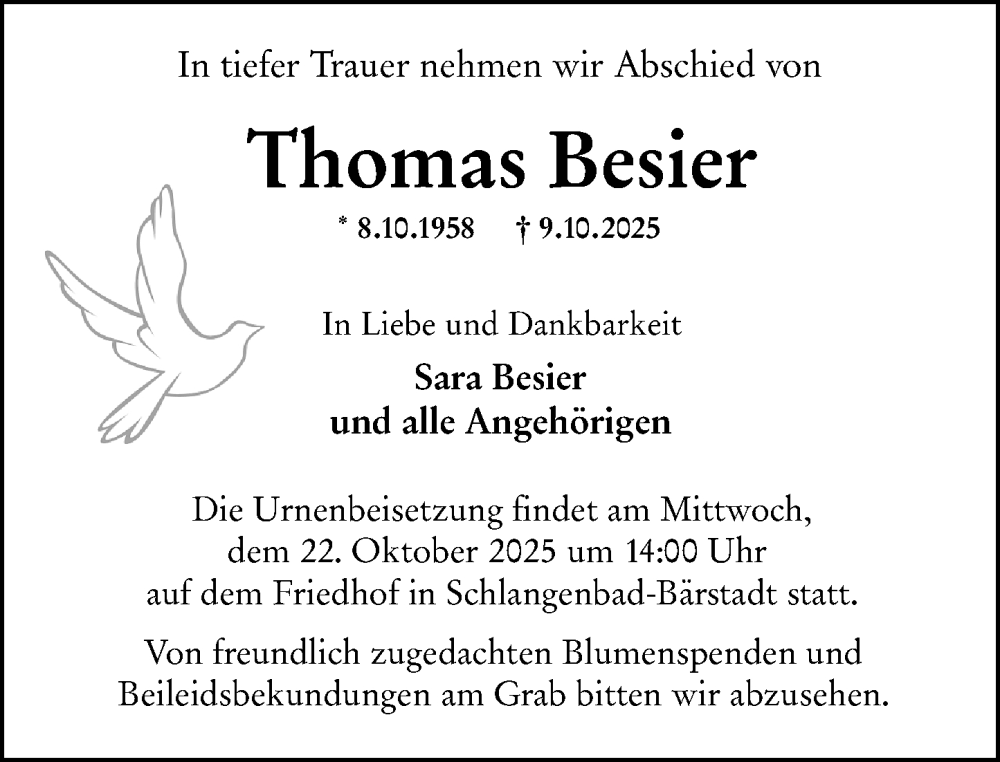  Traueranzeige für Thomas Besier vom 15.10.2025 aus Wiesbadener Kurier