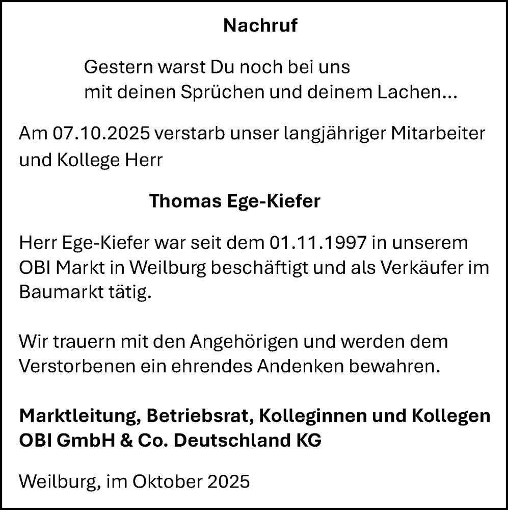  Traueranzeige für Thomas Ege-Kiefer vom 01.11.2025 aus Weilburger Tageblatt