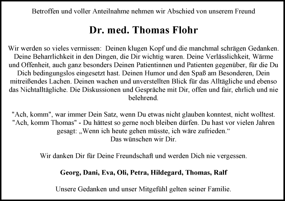  Traueranzeige für Thomas Franz Gerd Flohr vom 18.10.2025 aus Allgemeine Zeitung Mainz