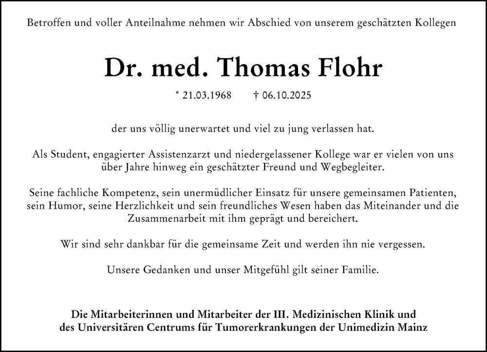  Traueranzeige für Thomas Franz Gerd Flohr vom 18.10.2025 aus Allgemeine Zeitung Mainz