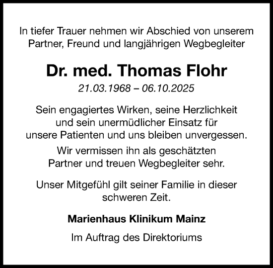 Traueranzeige von Thomas Franz Gerd Flohr von Allgemeine Zeitung Mainz