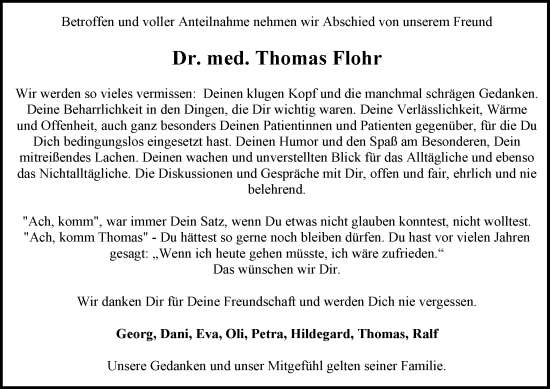 Traueranzeige von Thomas Franz Gerd Flohr von Allgemeine Zeitung Mainz