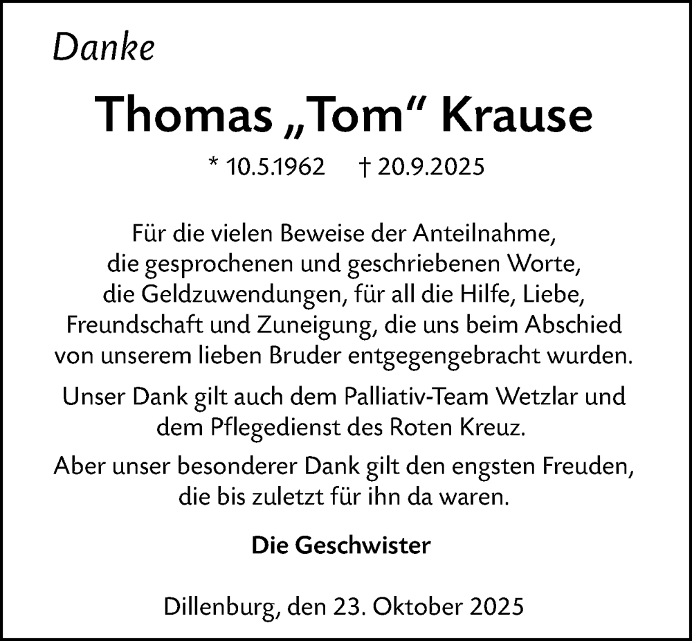  Traueranzeige für Thomas Krause vom 23.10.2025 aus Dill Block