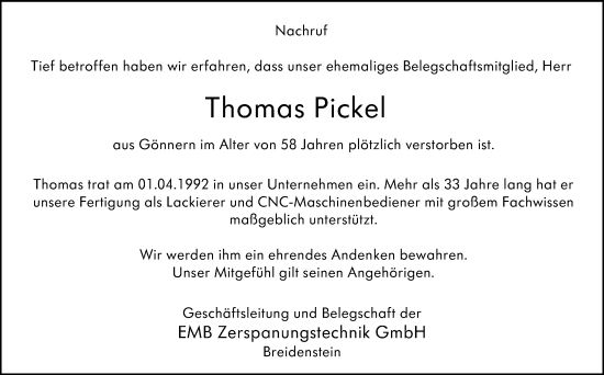 Traueranzeige von Thomas Pickel von Hinterländer Anzeiger
