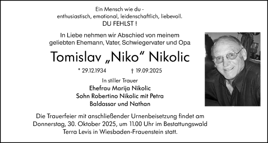 Traueranzeige von Tomislav Nikolic von Wiesbadener Kurier