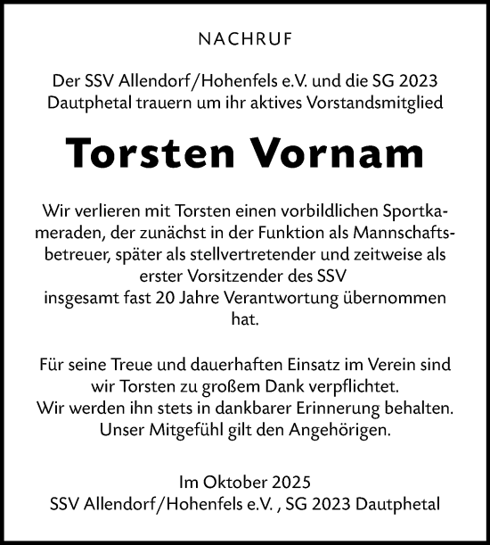 Traueranzeige von Torsten Vornam von Hinterländer Anzeiger