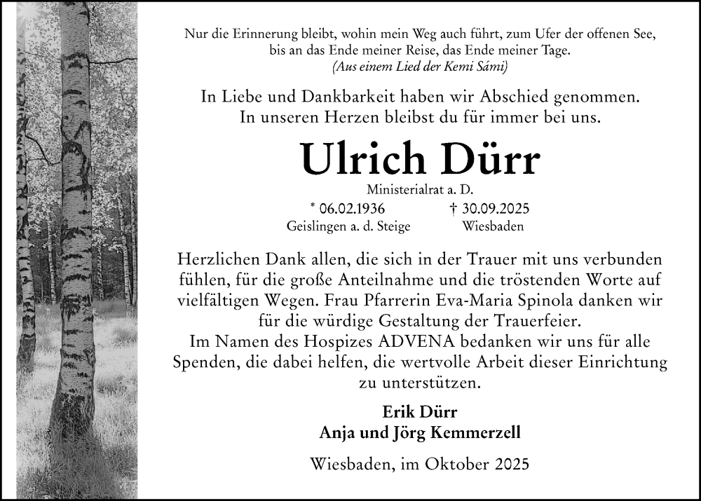  Traueranzeige für Ulrich Dürr vom 25.10.2025 aus Wiesbadener Kurier