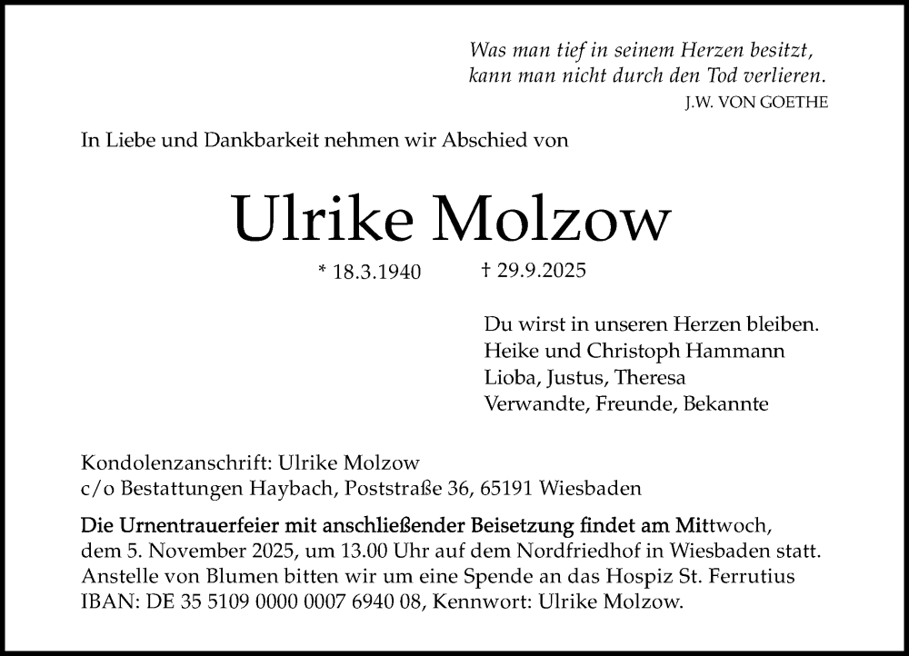  Traueranzeige für Ulrike Molzow vom 25.10.2025 aus Wiesbadener Kurier