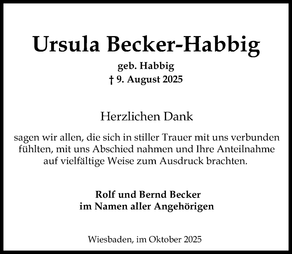  Traueranzeige für Ursula Becker-Habbig vom 04.10.2025 aus Wiesbadener Kurier