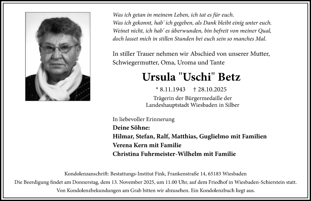  Traueranzeige für Ursula Betz vom 01.11.2025 aus Wiesbadener Kurier