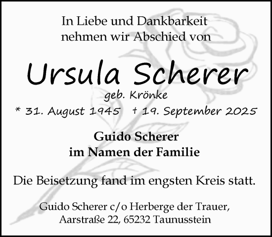 Traueranzeige von Ursula Scherer von Wiesbadener Kurier
