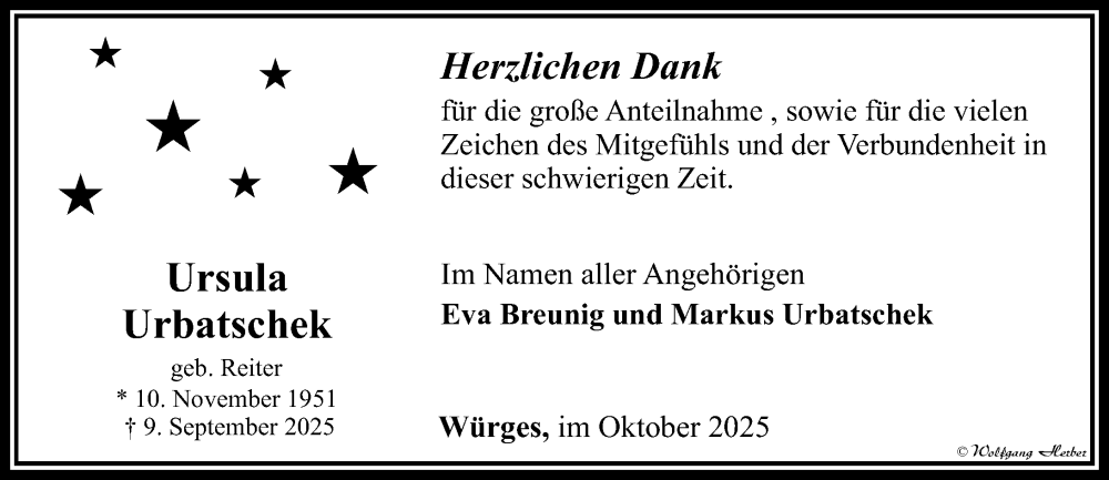  Traueranzeige für Ursula Urbatschek vom 09.10.2025 aus Camberger Anzeiger