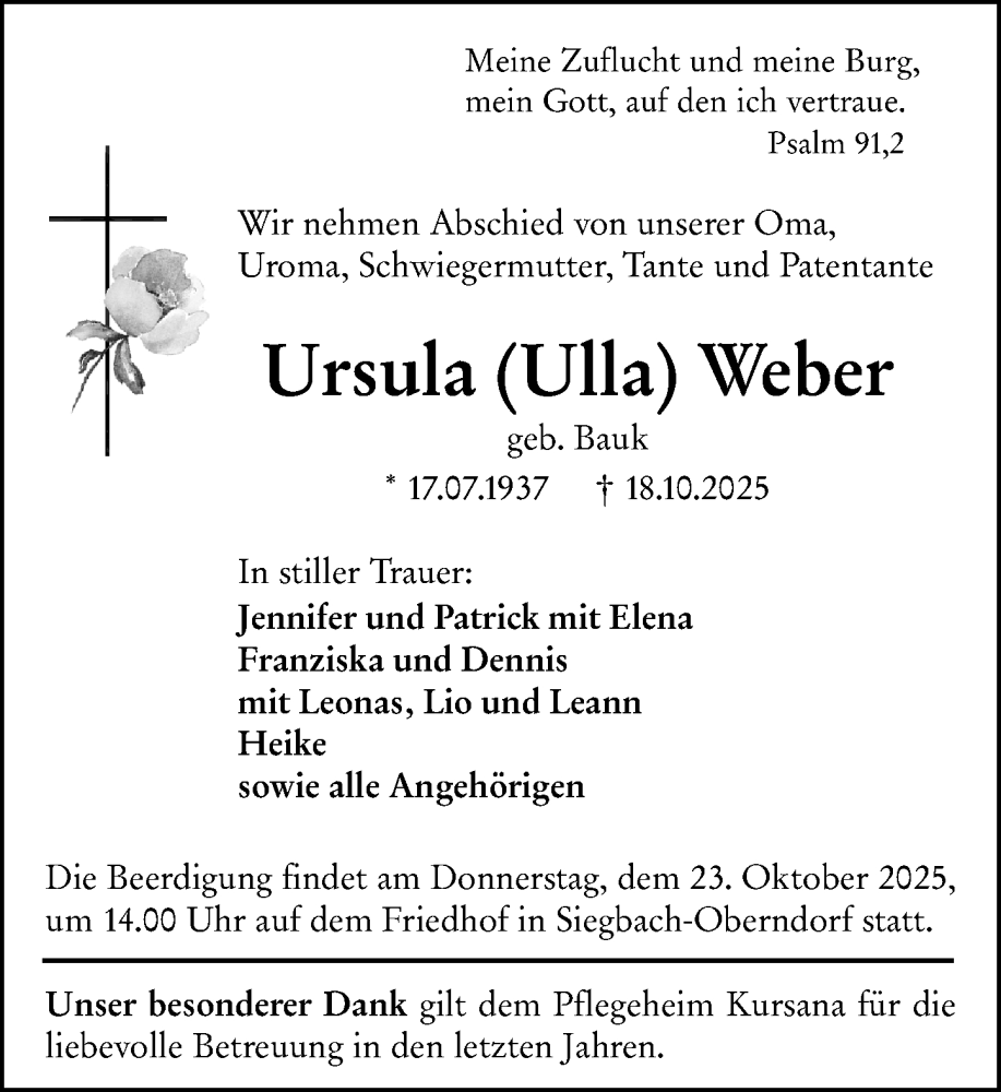  Traueranzeige für Ursula Weber vom 21.10.2025 aus Dill Block