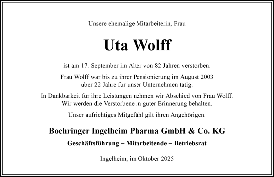 Traueranzeige von Uta Wolff von Allgemeine Zeitung Rheinhessen-Nahe