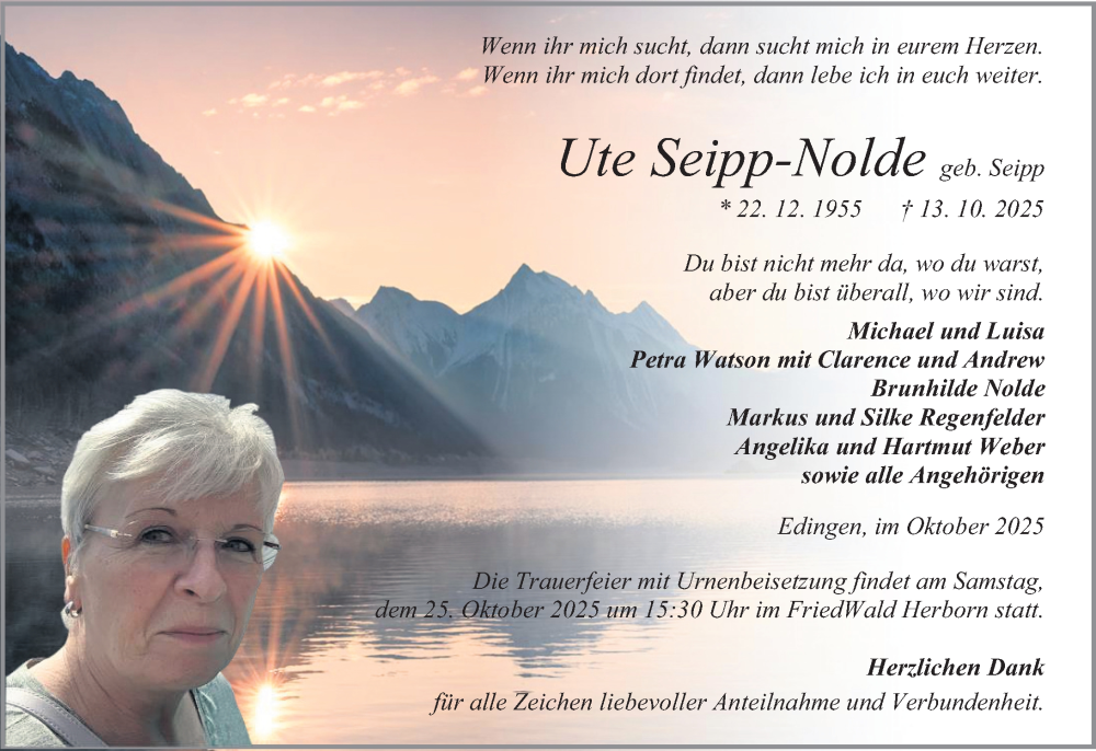  Traueranzeige für Ute Seipp-Nolde vom 22.10.2025 aus Dill Block
